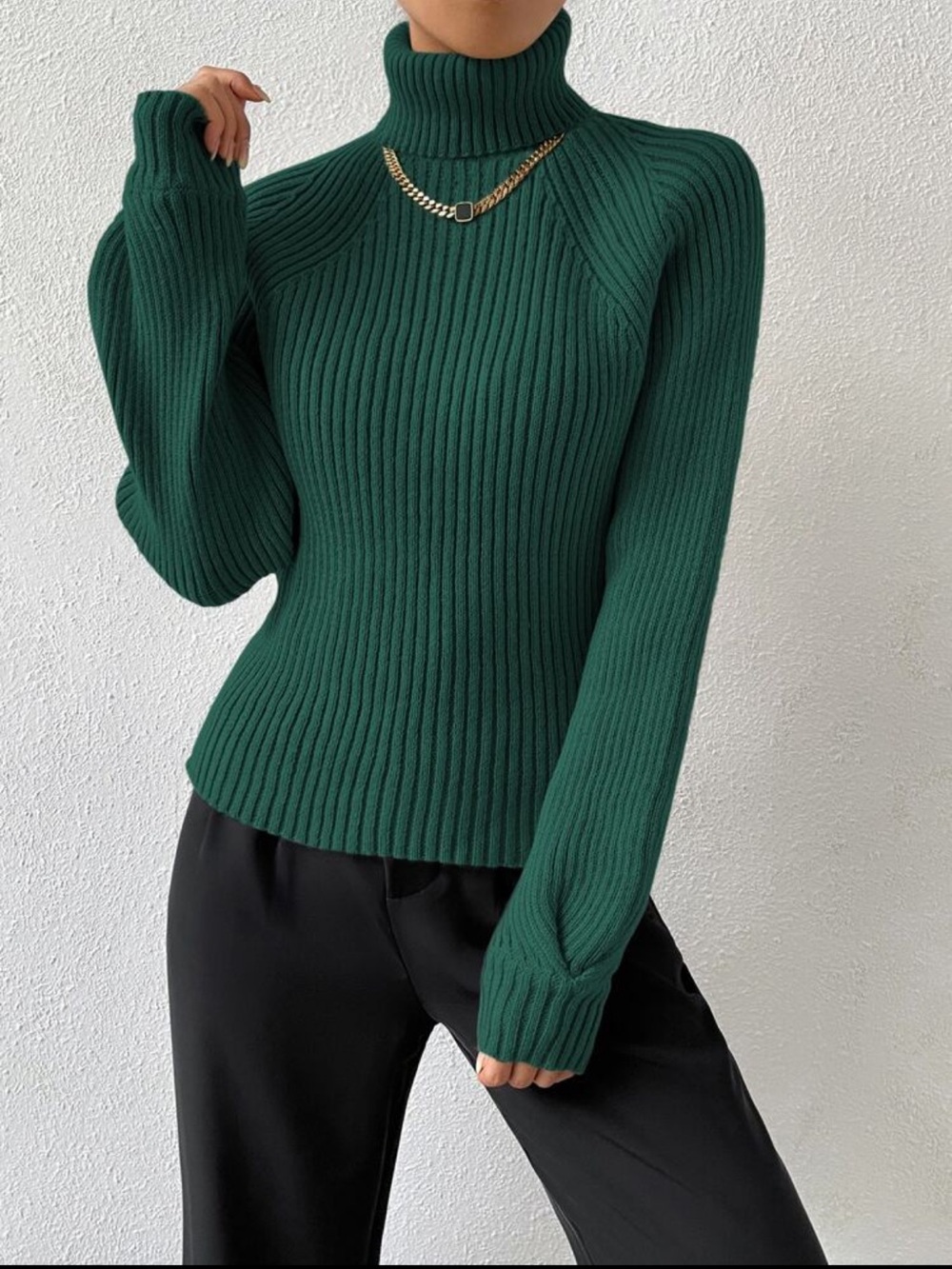 High Neck Ribbed Green Sweater - Picture 6 of 6